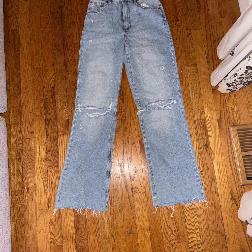 Zara Light Blue Flare Jeans with Distressed Details